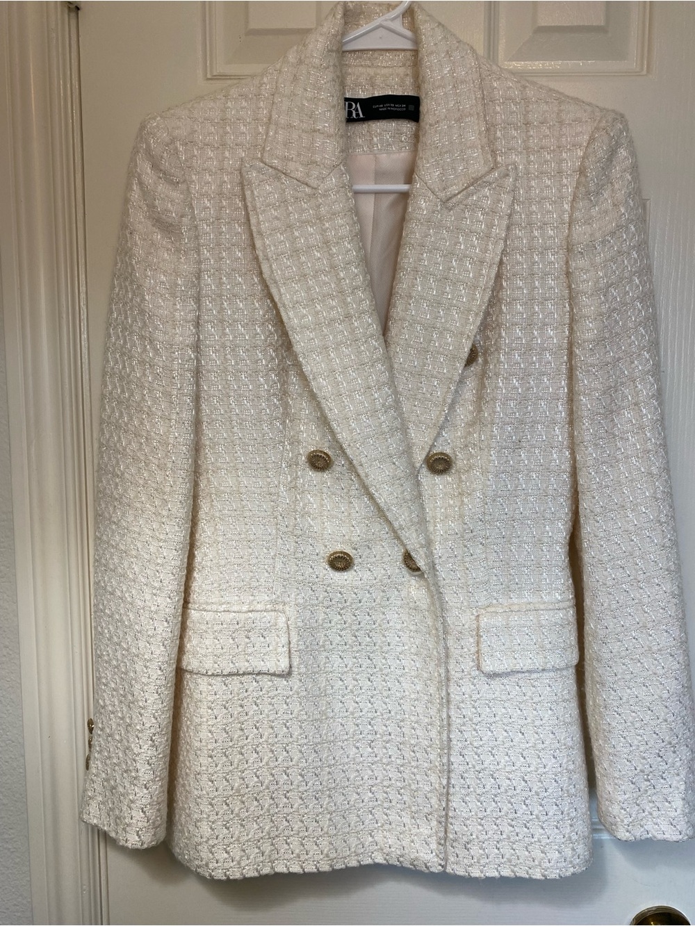 Zara Cream Double-Breasted Tweed Blazer